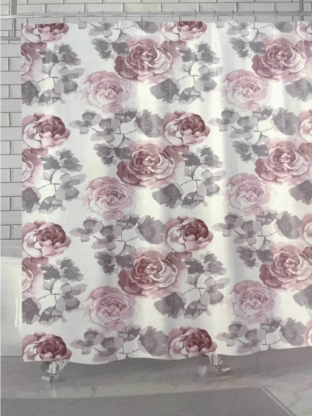 Flowers In Bloom White Pink Gray Shower Curtain 70x72 Floral Fabric NEW NWT